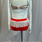 White and Red Lace Long Sleeve leotard with Nude and Red Fringe Bra Top - Rhinestones
