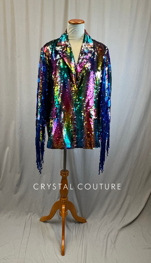 Multi Color Sequin Padded Shoulder Blazer with Fringe