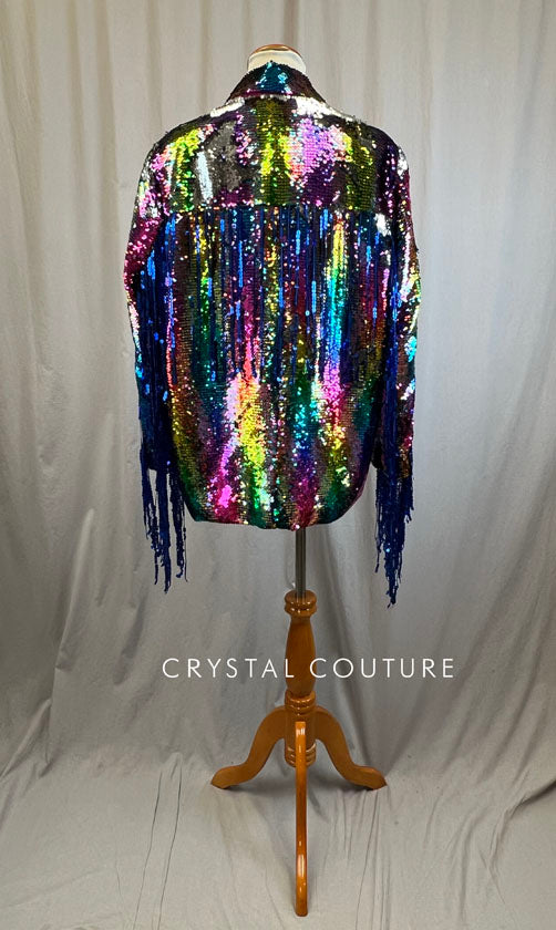 Multi Color Sequin Padded Shoulder Blazer with Fringe