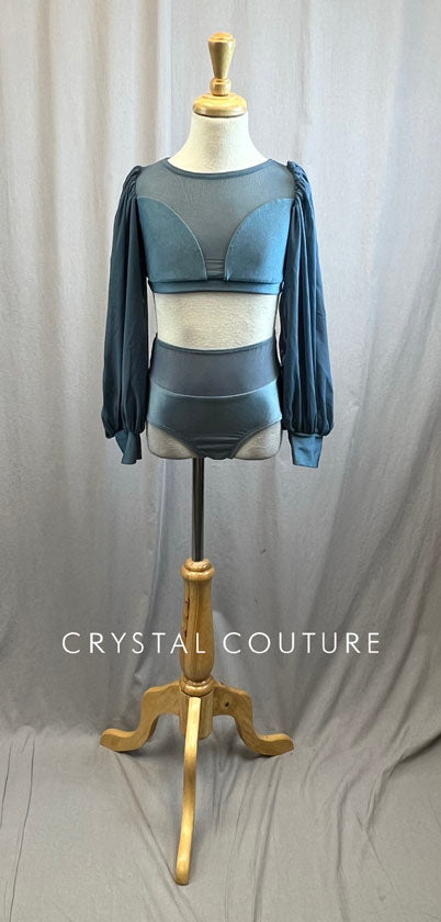 Steel Blue Flowy Mesh Long Sleeve Set