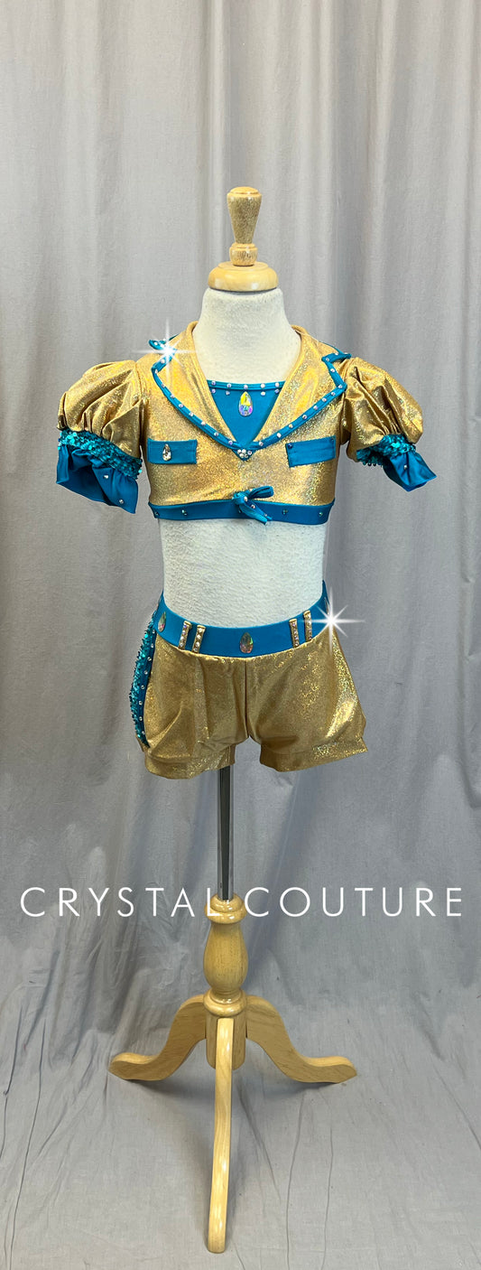 Gold and Teal Crop Top and Shorts Two Piece Set - Rhinestones