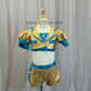 Gold and Teal Crop Top and Shorts Two Piece Set - Rhinestones
