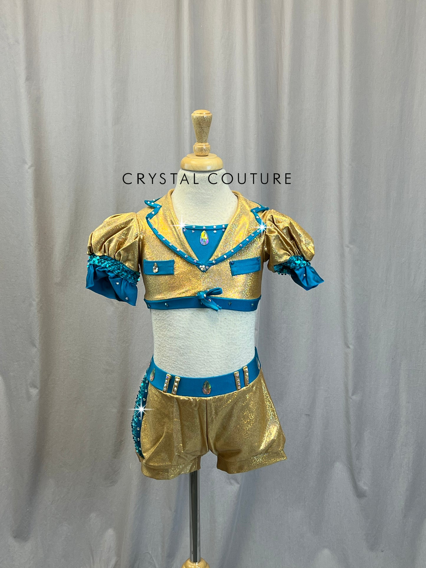 Gold and Teal Crop Top and Shorts Two Piece Set - Rhinestones