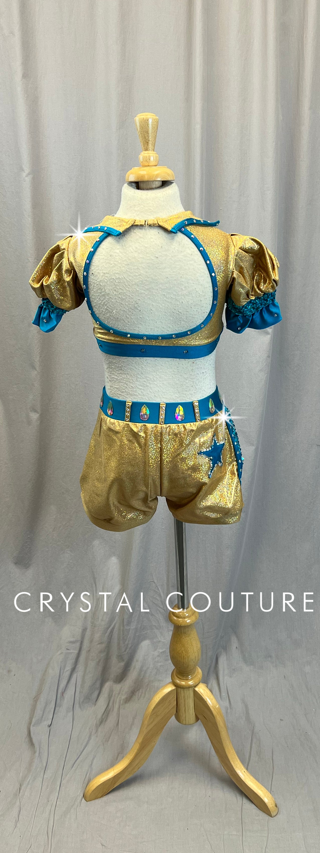Gold and Teal Crop Top and Shorts Two Piece Set - Rhinestones