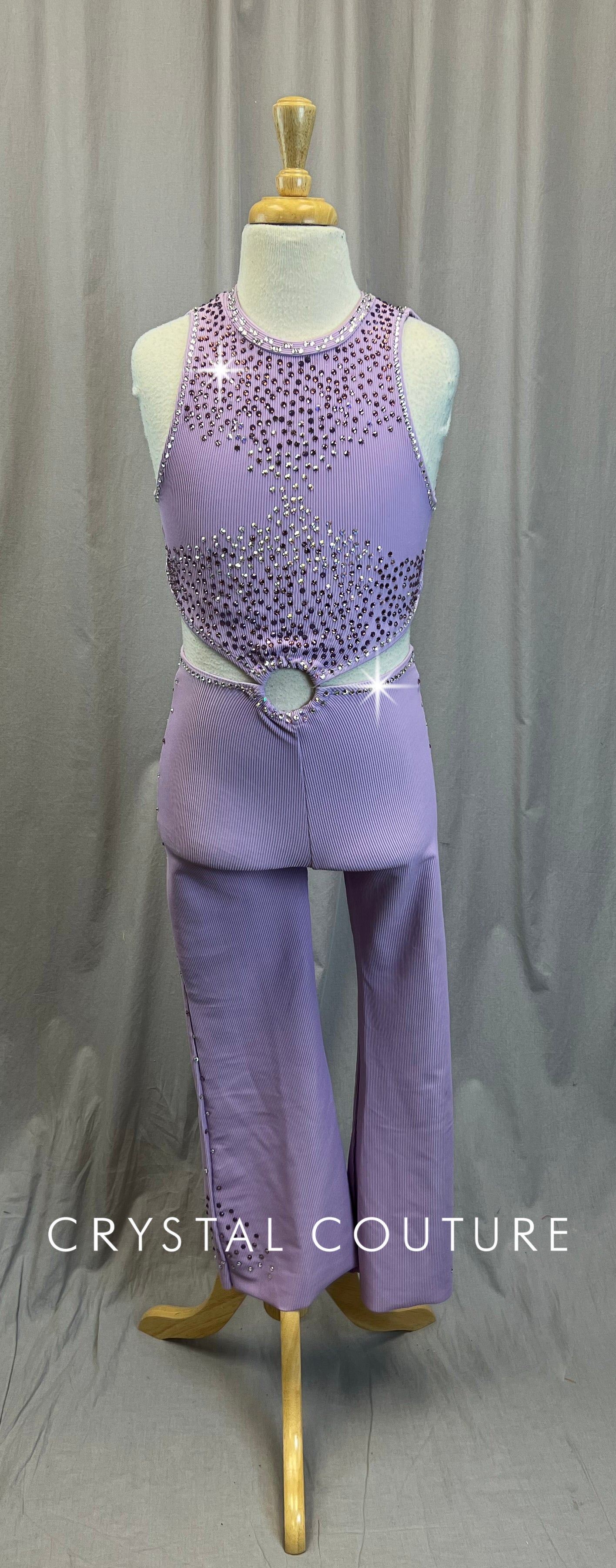 Lilac Sleeveless Unitard with Cutouts - Rhinestones
