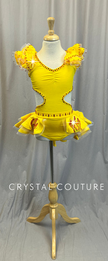 Yellow Leotard with Ruffles and Cutout Accents + Skirt Two Piece Set - Rhinestones