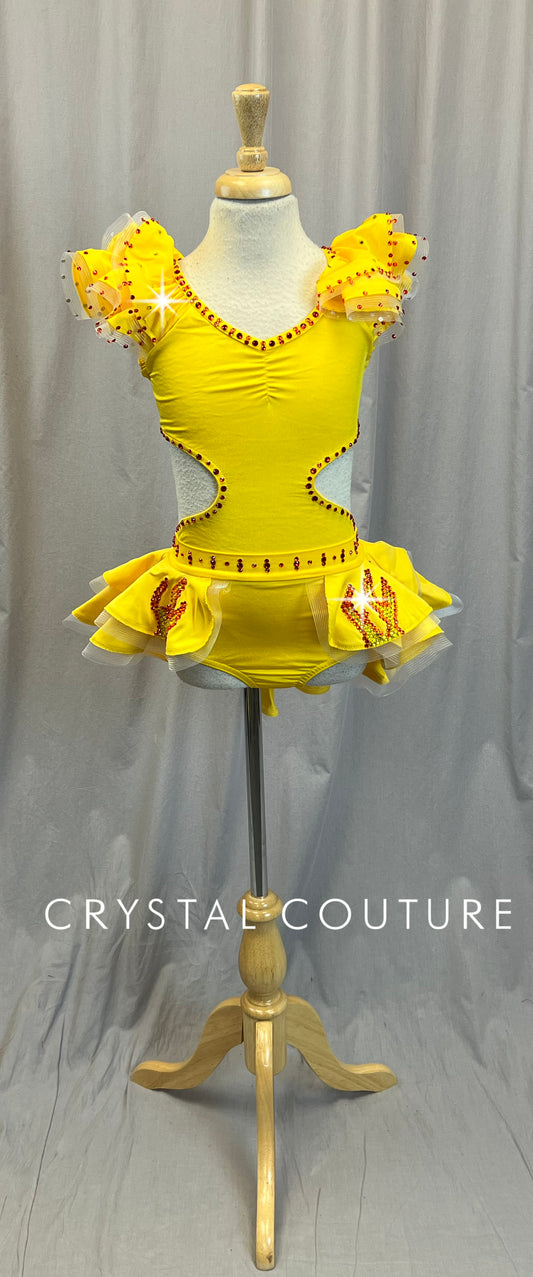 Yellow Leotard with Ruffles and Cutout Accents + Skirt Two Piece Set - Rhinestones
