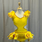 Yellow Leotard with Ruffles and Cutout Accents + Skirt Two Piece Set - Rhinestones