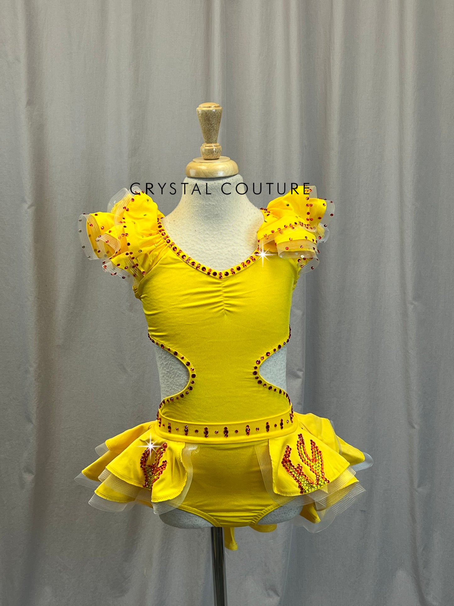Yellow Leotard with Ruffles and Cutout Accents + Skirt Two Piece Set - Rhinestones