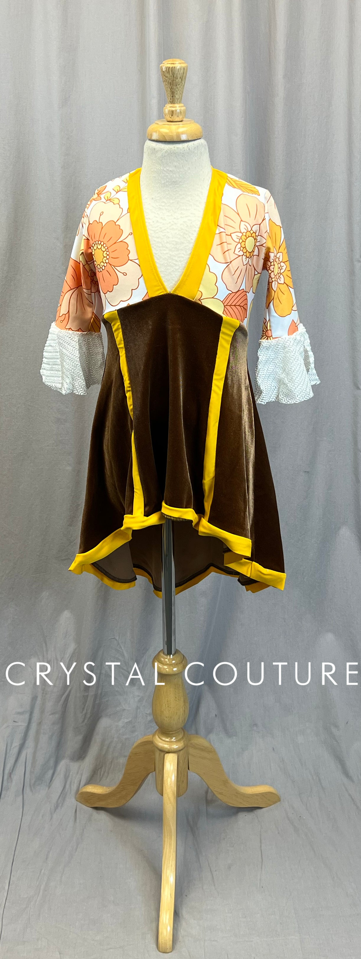 Custom Yellow and Peach Floral Patterned 3/4 Sleeve Dress with Brown Velvet Skirt