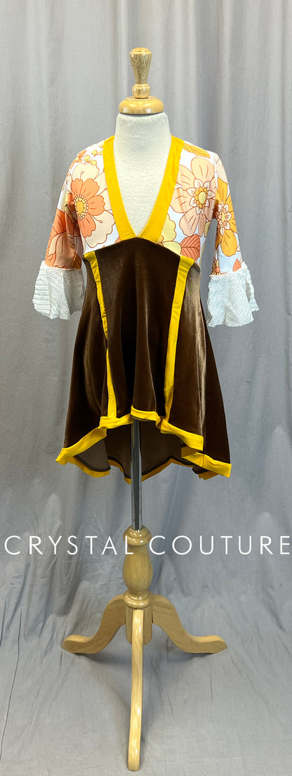 Custom Yellow and Peach Floral Patterned 3/4 Sleeve Dress with Brown Velvet Skirt