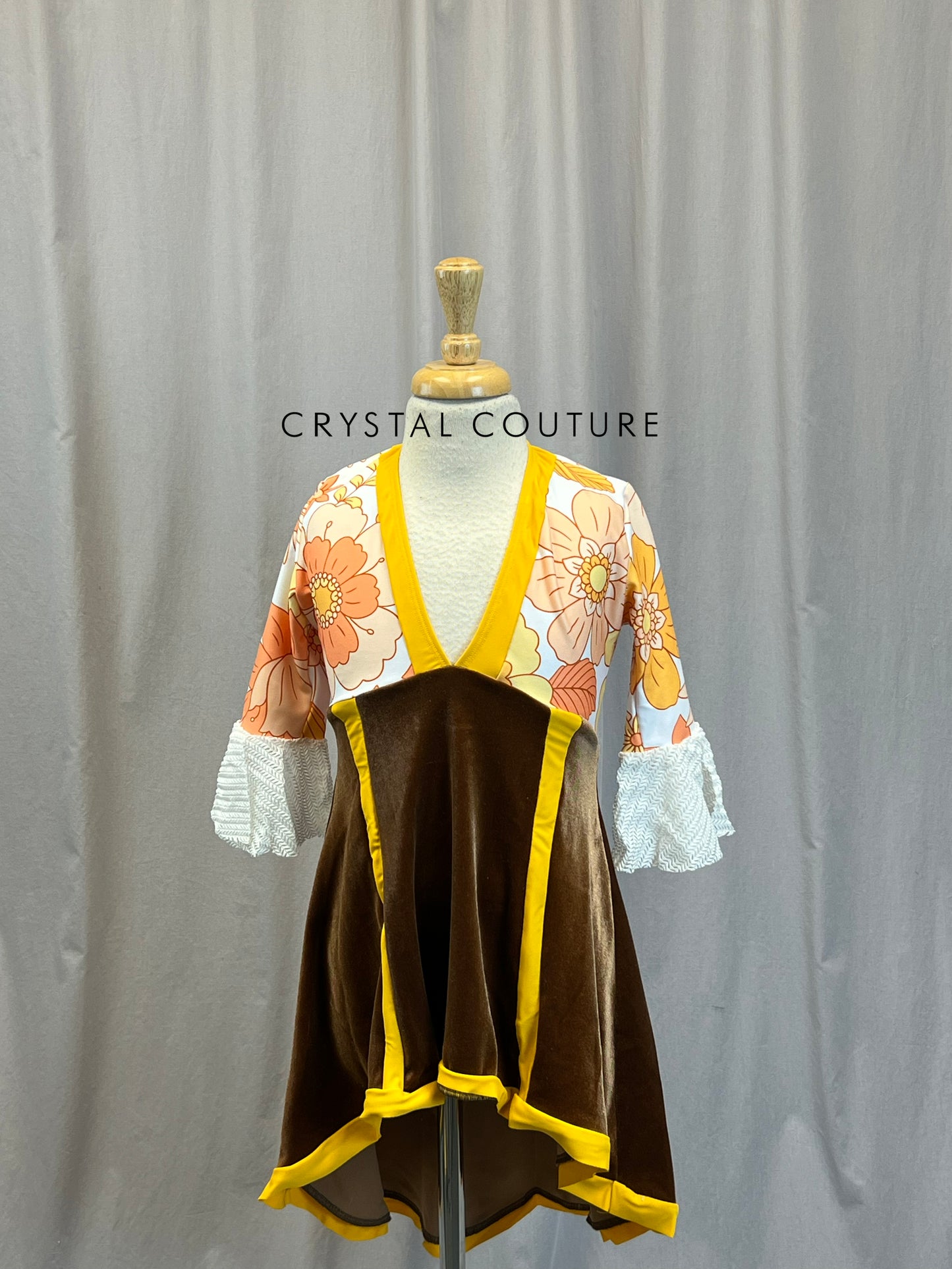 Custom Yellow and Peach Floral Patterned 3/4 Sleeve Dress with Brown Velvet Skirt