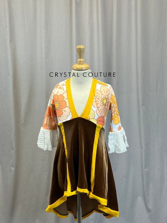 Custom Yellow and Peach Floral Patterned 3/4 Sleeve Dress with Brown Velvet Skirt