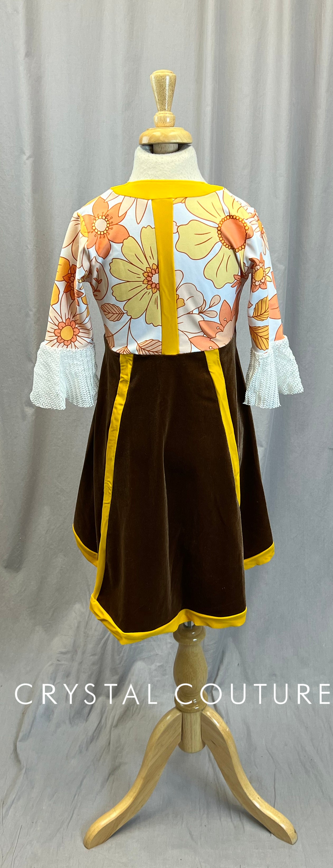 Custom Yellow and Peach Floral Patterned 3/4 Sleeve Dress with Brown Velvet Skirt