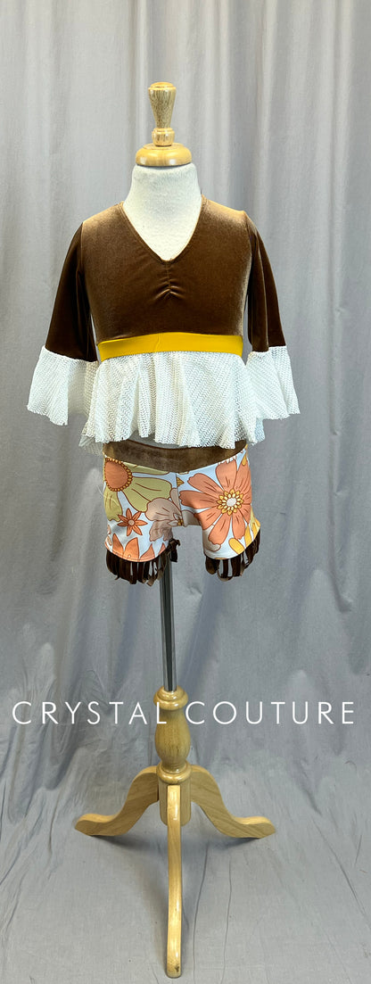 Brown Velvet Peach Floral patterned Top and Shorts Two-Piece Set