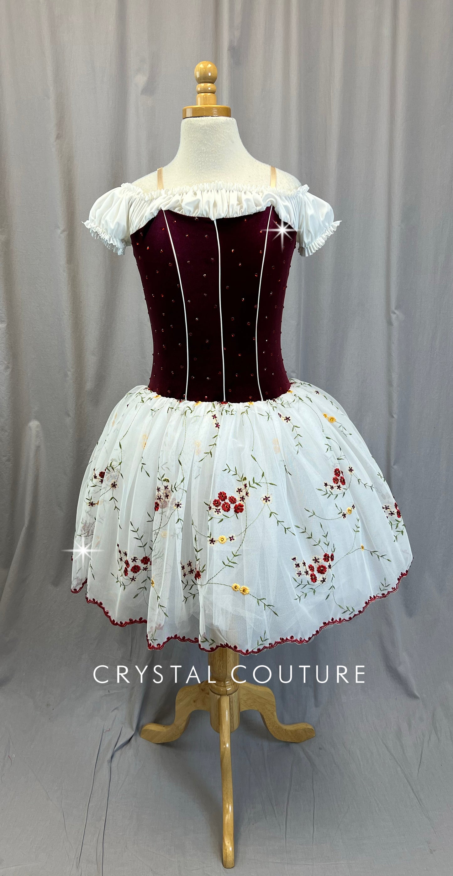 Burgundy and White Cap Sleeve Romantic Tutu Ballet Dress - Rhinestones