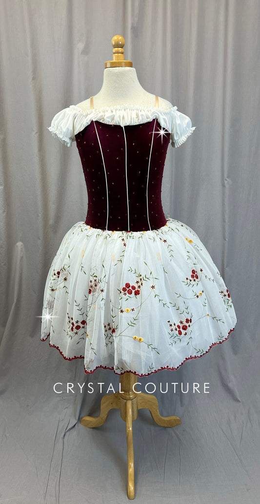 Burgundy and White Cap Sleeve Romantic Tutu Ballet Dress - Rhinestones