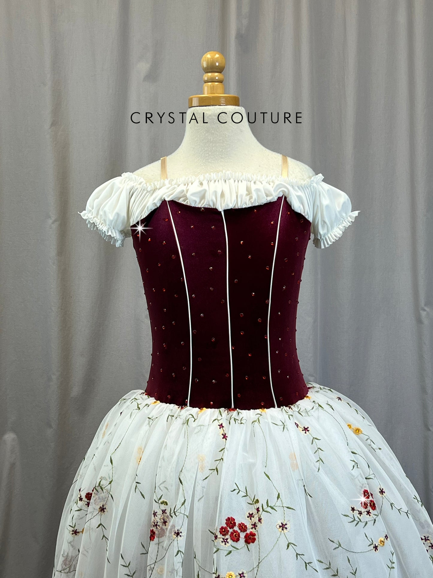 Burgundy and White Cap Sleeve Romantic Tutu Ballet Dress - Rhinestones