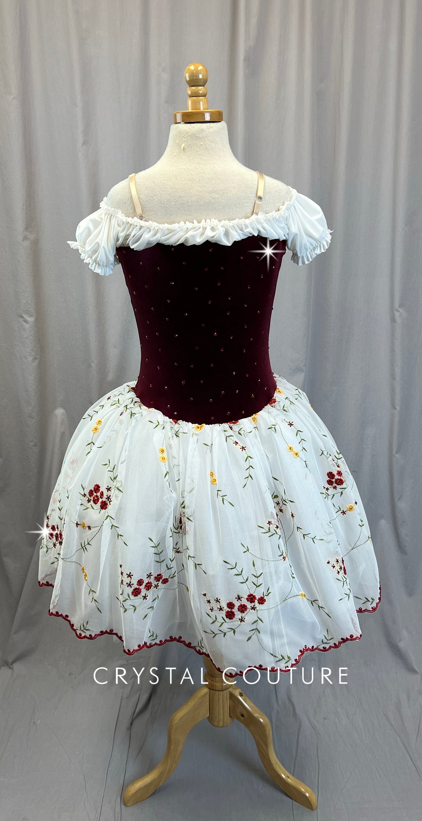 Burgundy and White Cap Sleeve Romantic Tutu Ballet Dress - Rhinestones