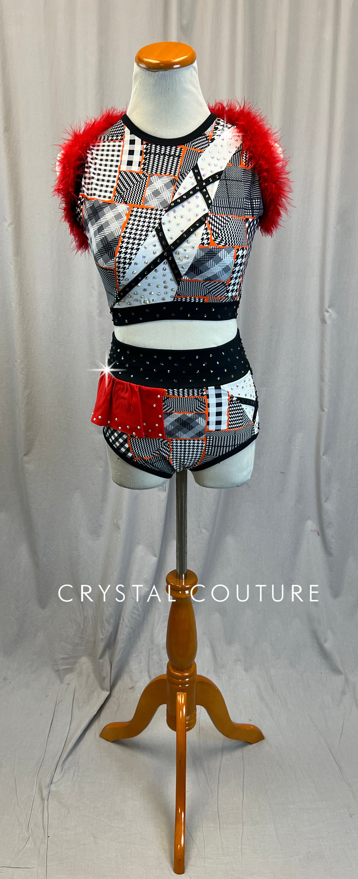 Custom Black and White Pattern with Orange and Red Accents Crop Top and Briefs Two-Piece Set - Rhinestones