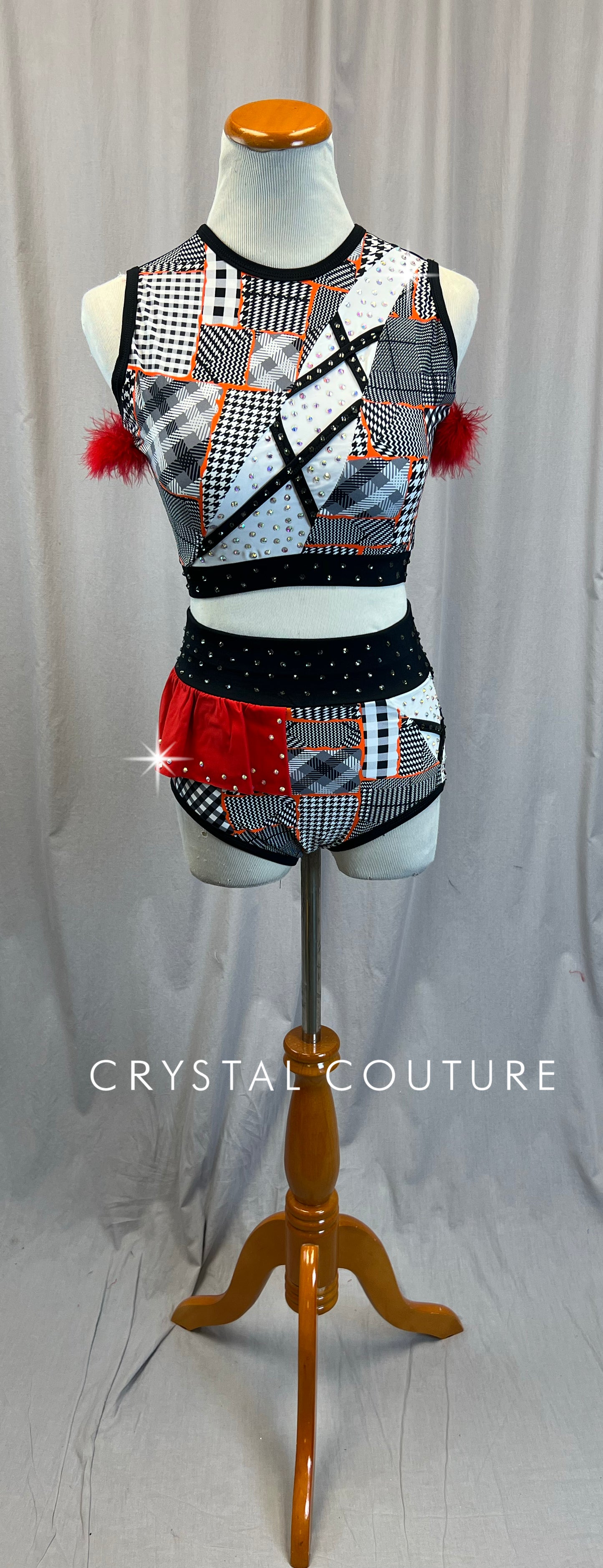 Custom Black and White Pattern with Orange and Red Accents Crop Top and Briefs Two-Piece Set - Rhinestones