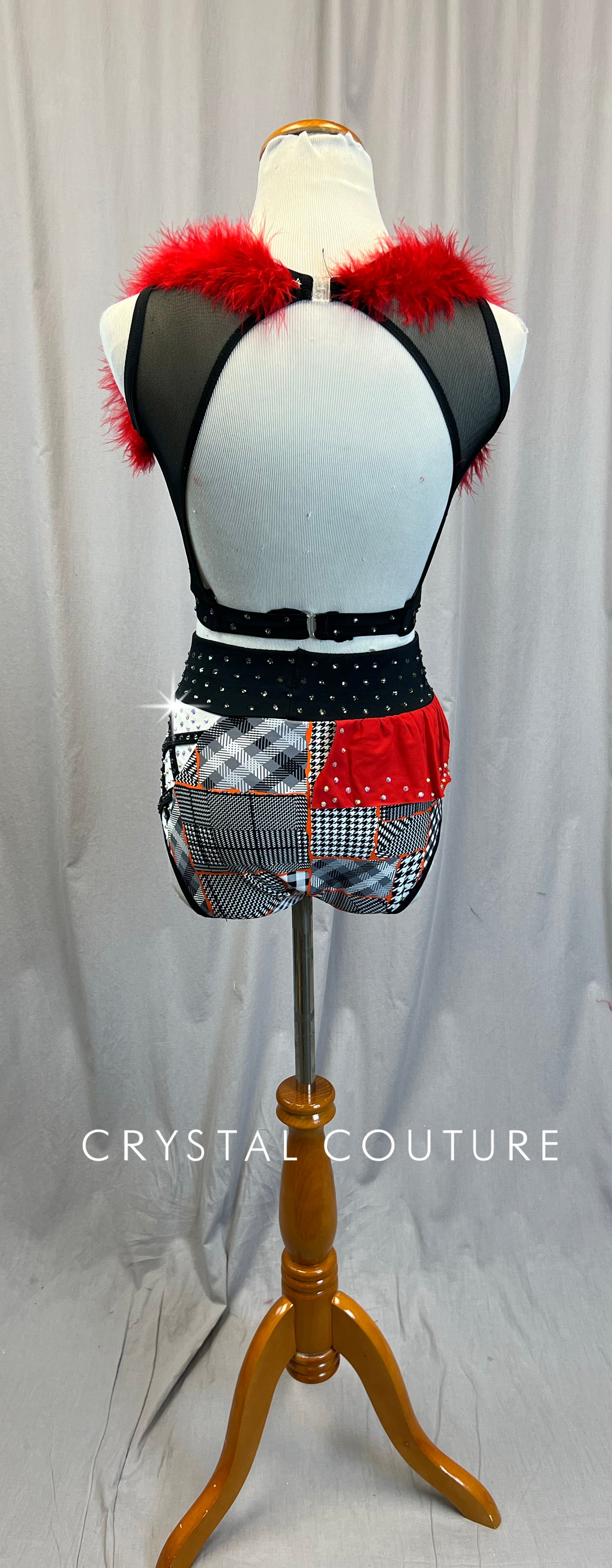 Custom Black and White Pattern with Orange and Red Accents Crop Top and Briefs Two-Piece Set - Rhinestones