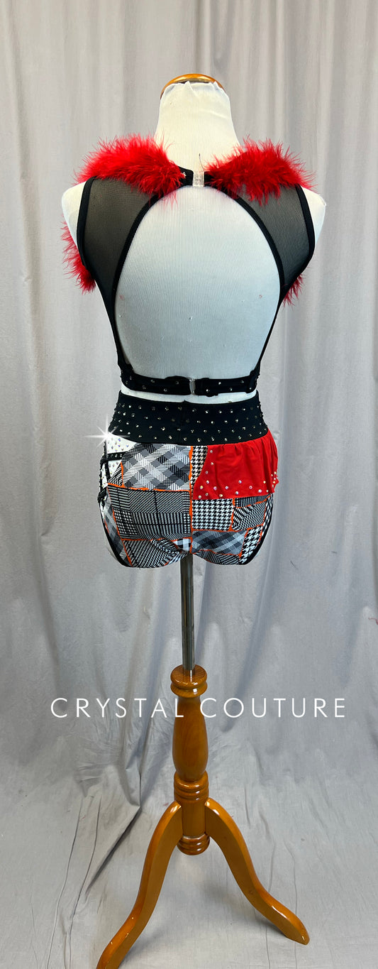 Custom Black and White Pattern with Orange and Red Accents Crop Top and Briefs Two-Piece Set - Rhinestones