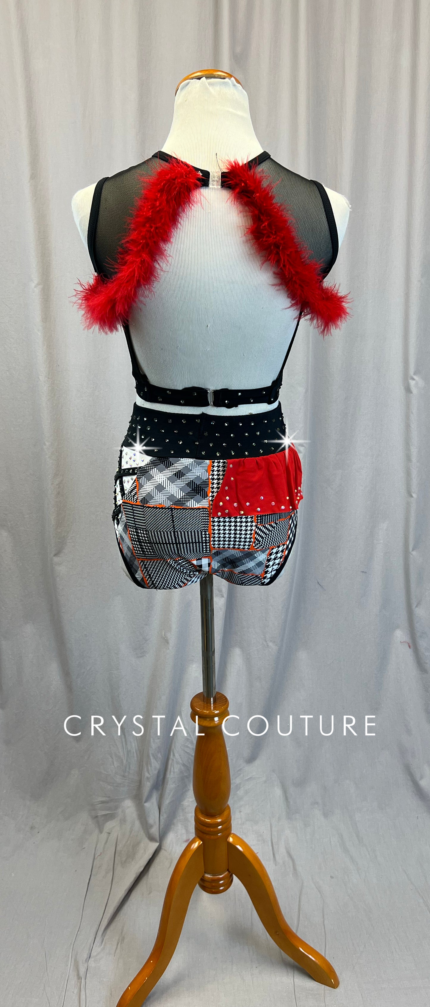 Custom Black and White Pattern with Orange and Red Accents Crop Top and Briefs Two-Piece Set - Rhinestones