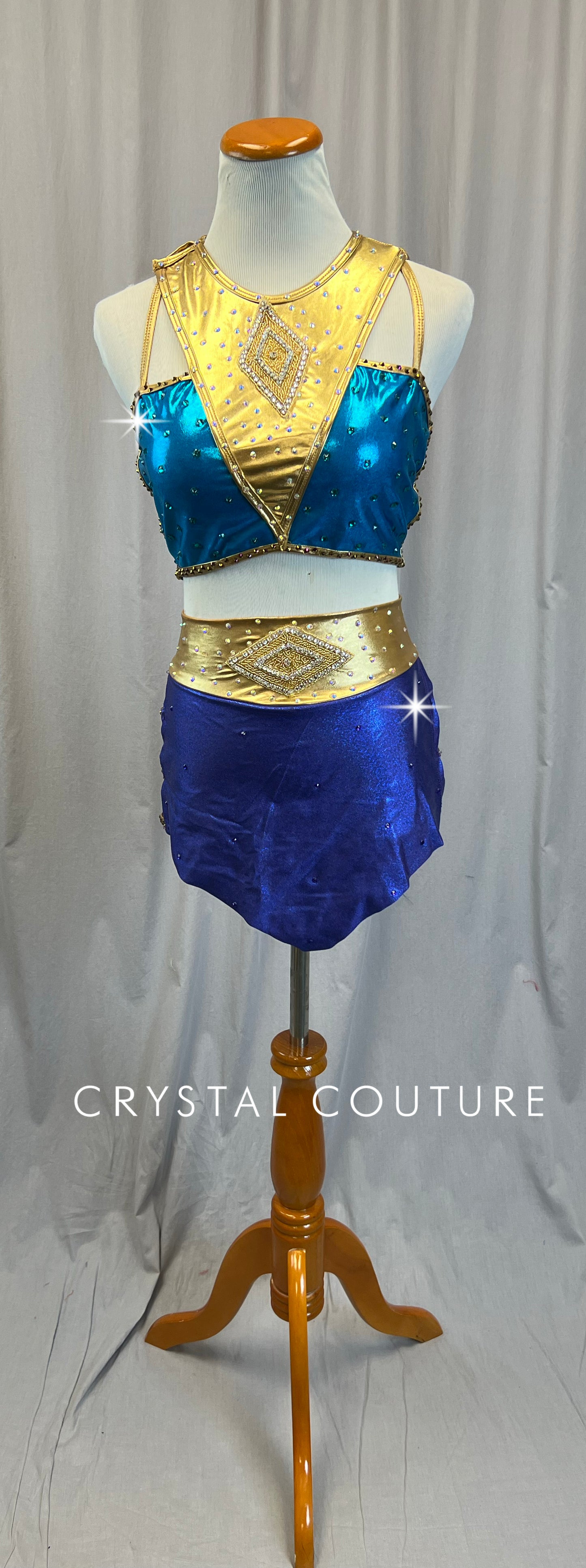 Custom Blue, Purple and Gold Crop Top and Briefs Two-Piece Set - Rhinestones