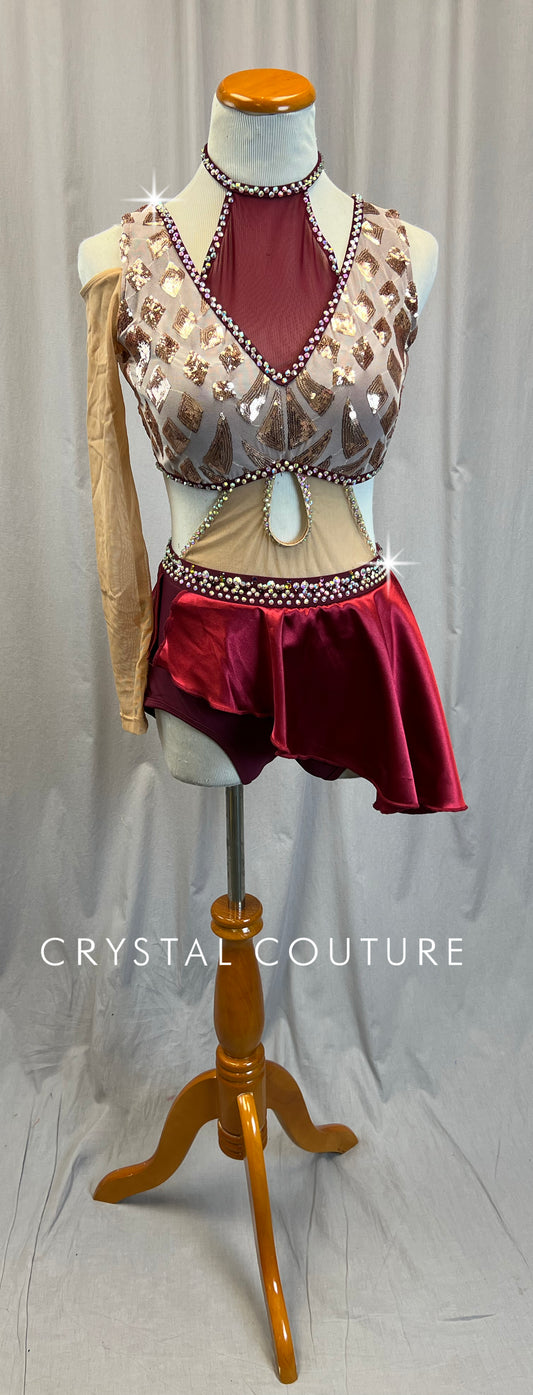 Custom Red and Cream Mesh One Sleeve Rose Gold Sequin Leotard with Half Skirt-Rhinestones