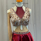 Custom Red and Cream Mesh One Sleeve Rose Gold Sequin Leotard with Half Skirt-Rhinestones
