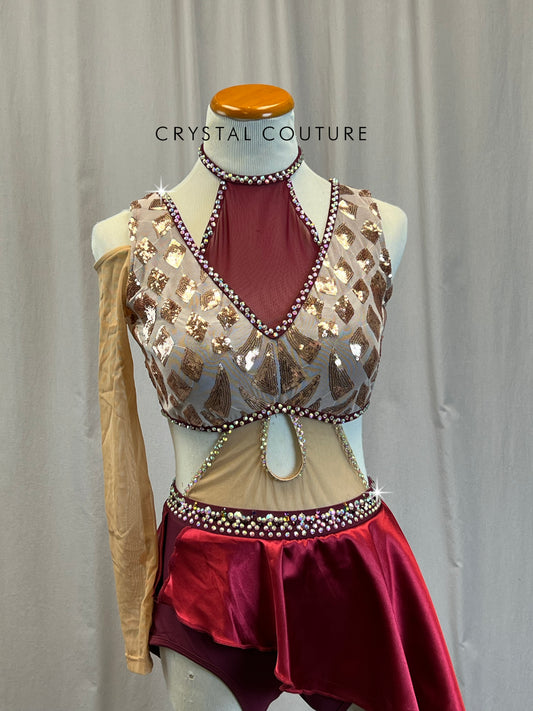 Custom Red and Cream Mesh One Sleeve Rose Gold Sequin Leotard with Half Skirt-Rhinestones