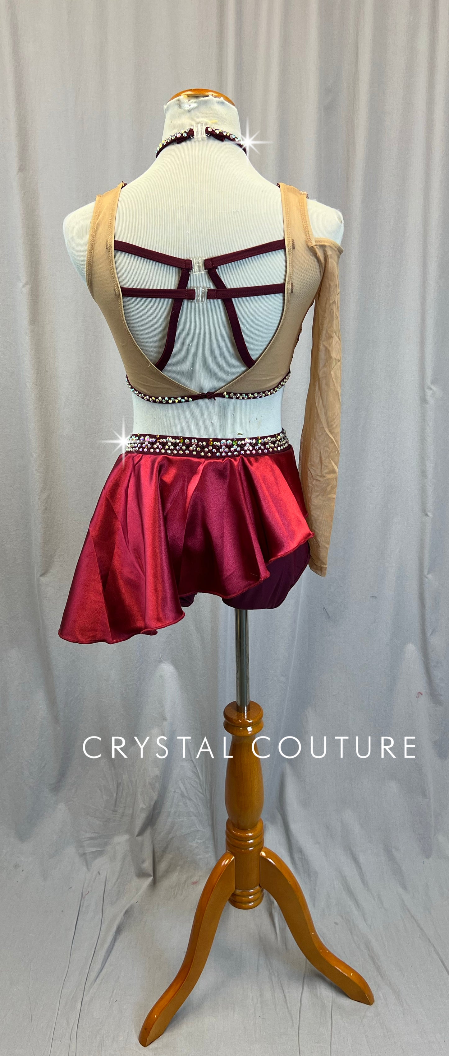 Custom Red and Cream Mesh One Sleeve Rose Gold Sequin Leotard with Half Skirt-Rhinestones