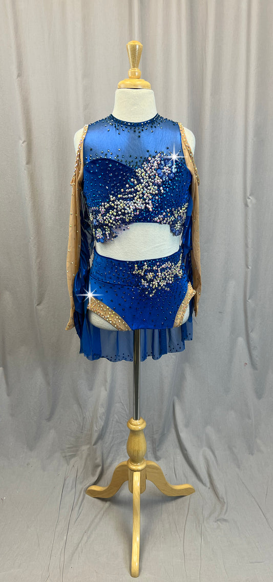 Custom Royal Blue Velvet Long Sleeve and Briefs with Skirt Two-Piece Set - Rhinestones