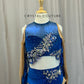 Custom Royal Blue Velvet Long Sleeve and Briefs with Skirt Two-Piece Set - Rhinestones