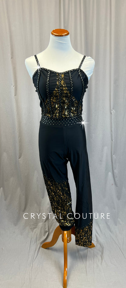 Custom Black and Gold Corset Top with Black and Gold Pants - Rhinestones