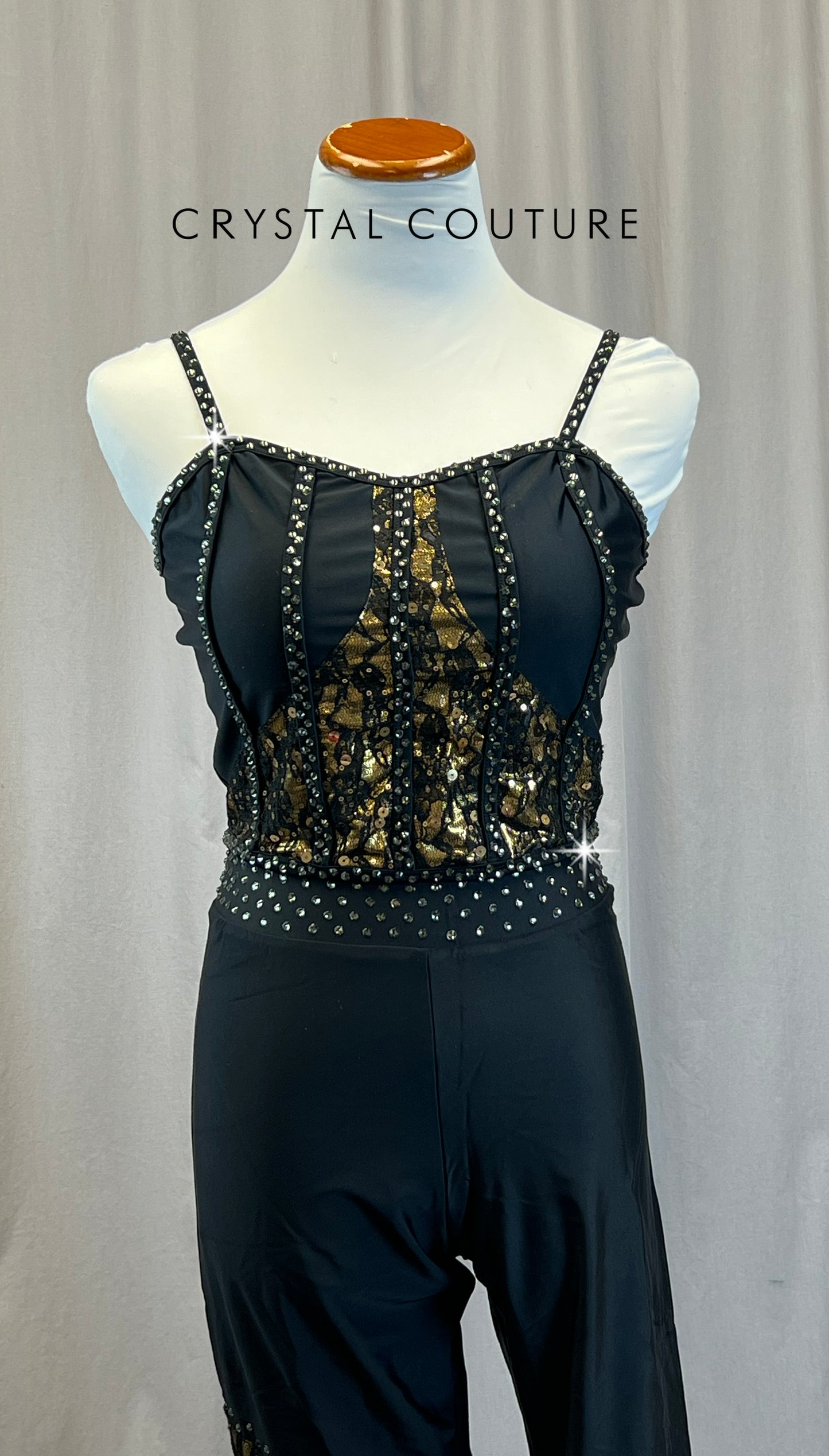 Custom Black and Gold Corset Top with Black and Gold Pants - Rhinestones