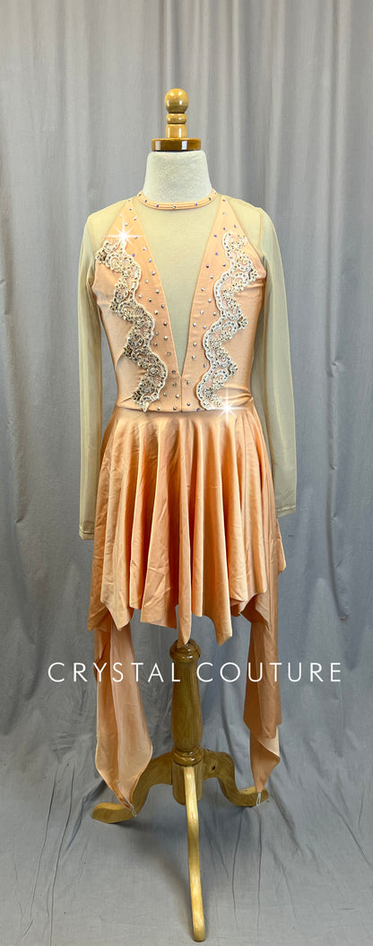 Custom Peach Lycra Dress with Nude Mesh Sleeves - Rhinestones