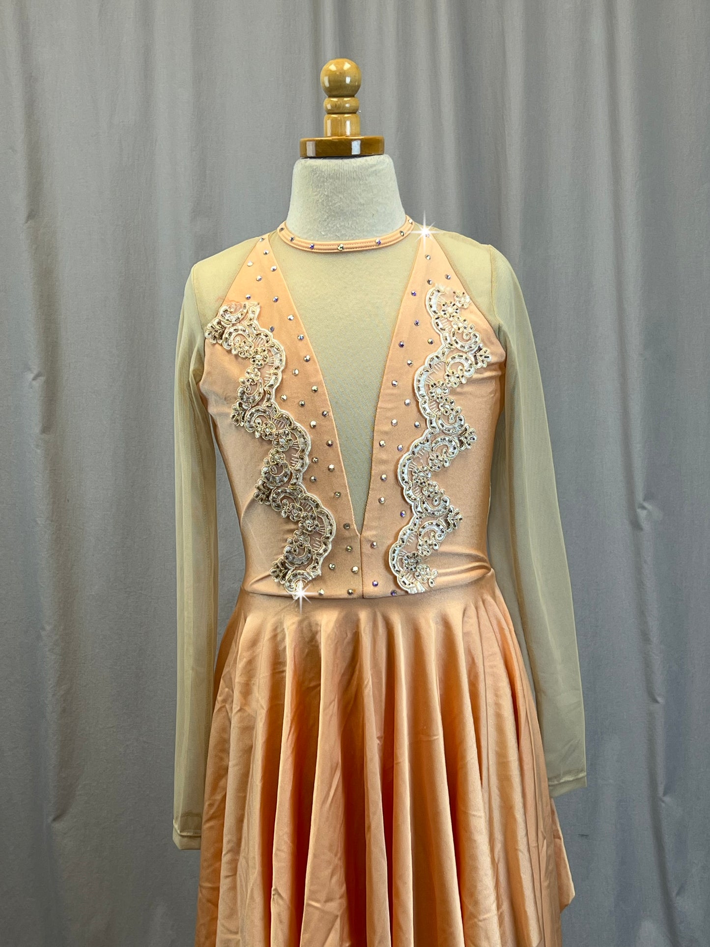 Custom Peach Lycra Dress with Nude Mesh Sleeves - Rhinestones