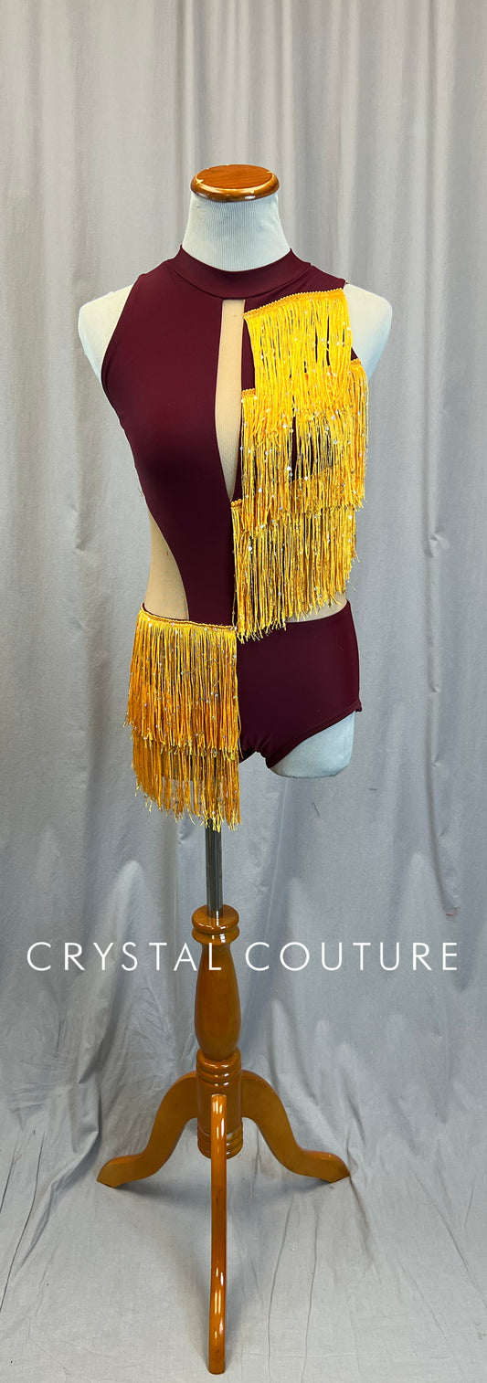 *Brand New* Custom Burgundy Leotard with Mesh Cutouts and Yellow Fringe