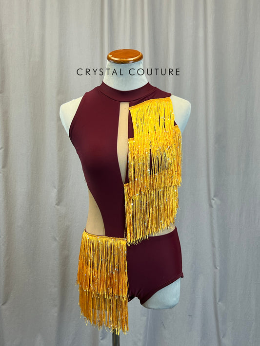 *Brand New* Custom Burgundy Leotard with Mesh Cutouts and Yellow Fringe