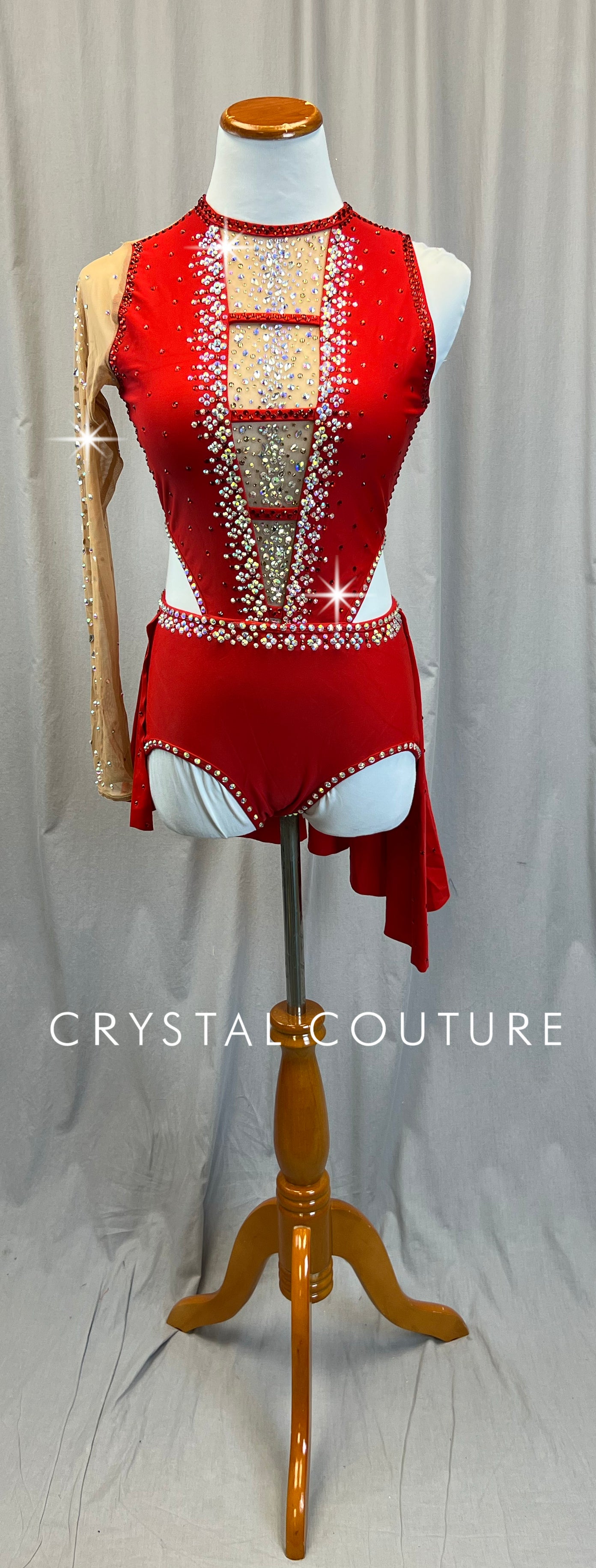 Custom Red and Nude One Sleeve Leotard with Half Skirt-Rhinestones