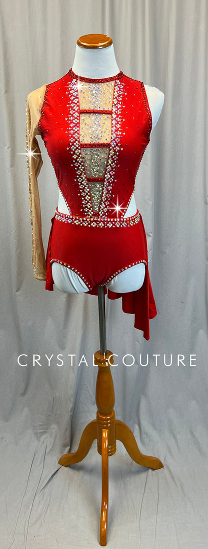 Custom Red and Nude One Sleeve Leotard with Half Skirt-Rhinestones