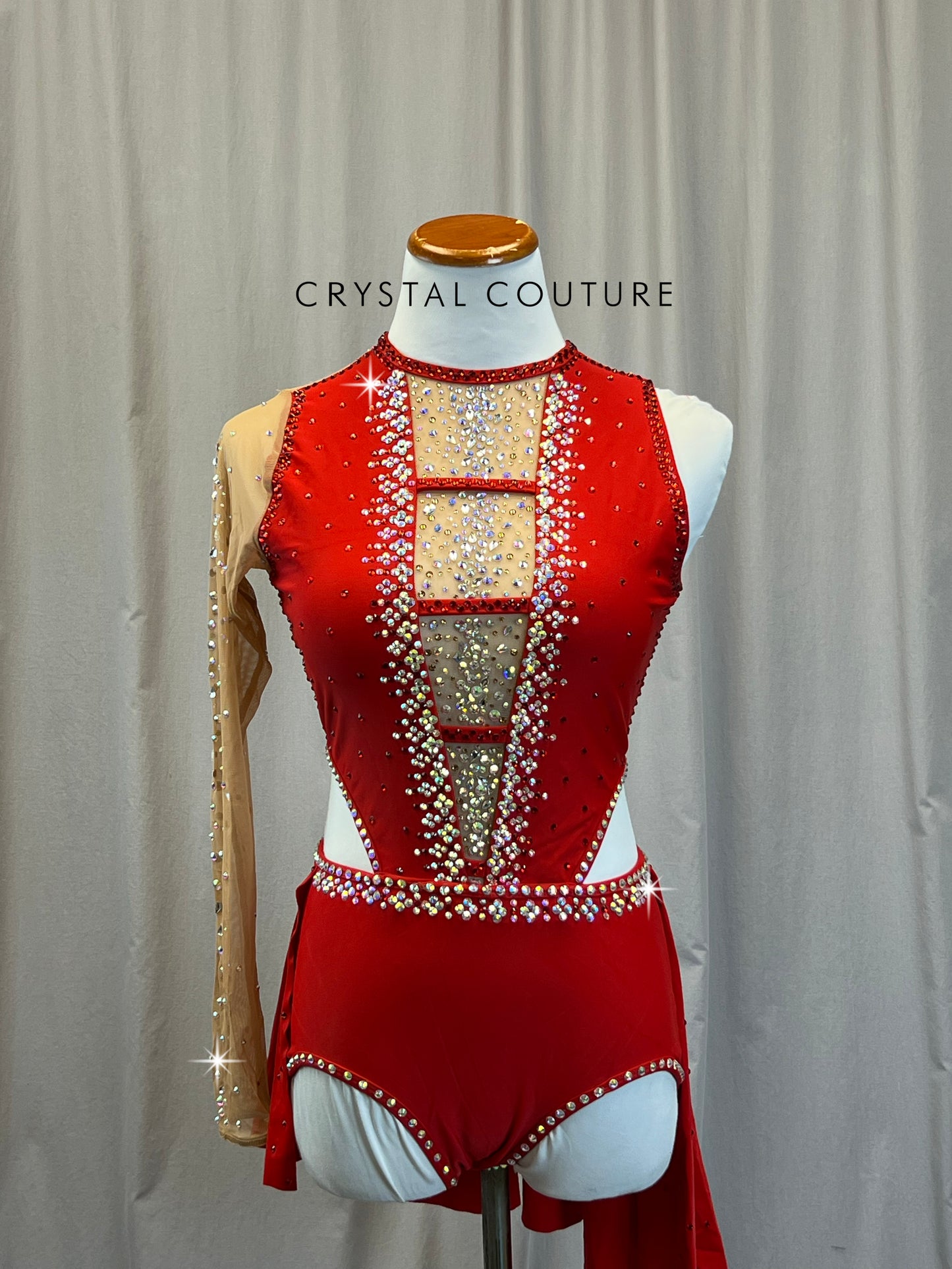 Custom Red and Nude One Sleeve Leotard with Half Skirt-Rhinestones