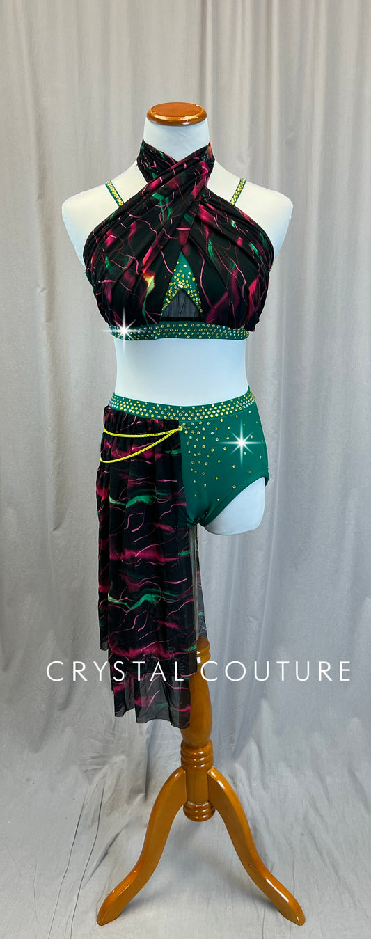 Custom Green Lycra Base with Pink and Green Lighting Bolt Mesh Two Piece Set - Rhinestones