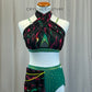 Custom Green Lycra Base with Pink and Green Lighting Bolt Mesh Two Piece Set - Rhinestones