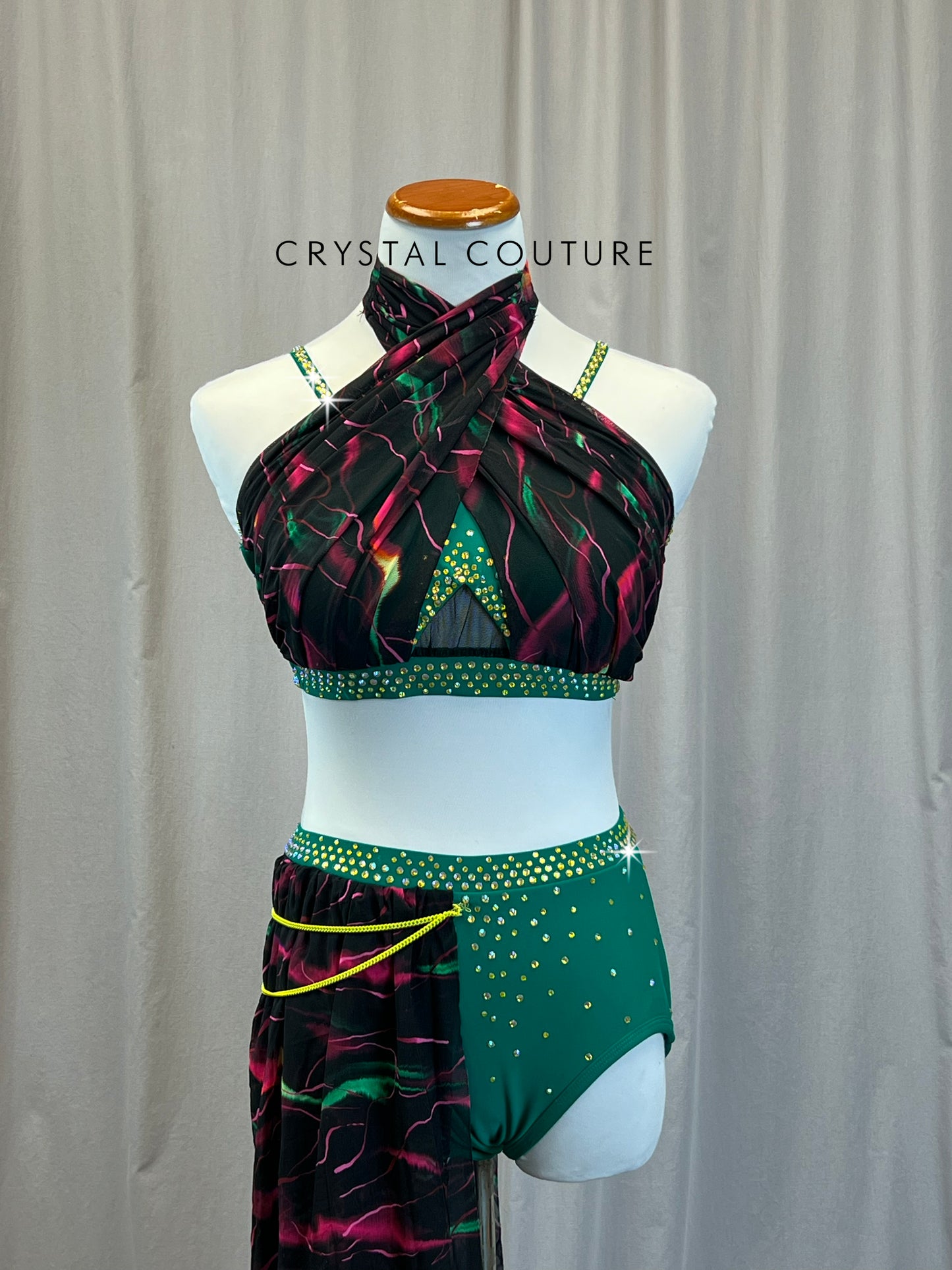 Custom Green Lycra Base with Pink and Green Lighting Bolt Mesh Two Piece Set - Rhinestones