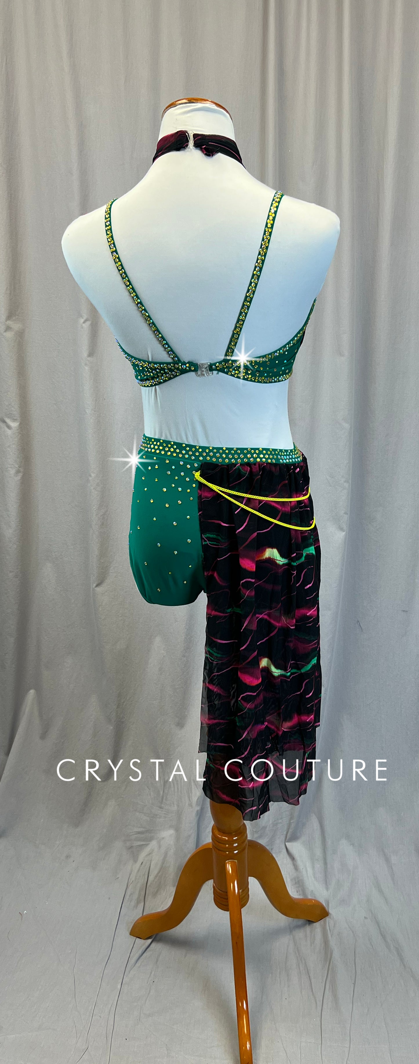 Custom Green Lycra Base with Pink and Green Lighting Bolt Mesh Two Piece Set - Rhinestones