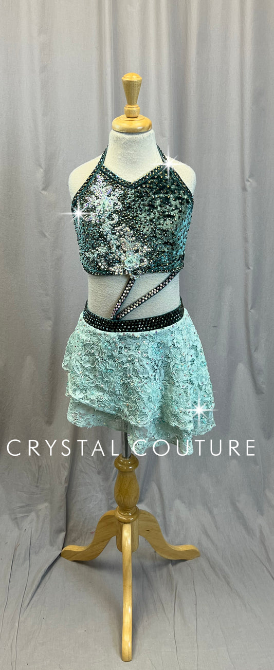 Custom Sage Velvet Top with Strappy Detailing and a Powder Blue Lace Skirt - Rhinestones