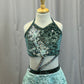 Custom Sage Velvet Top with Strappy Detailing and a Powder Blue Lace Skirt - Rhinestones